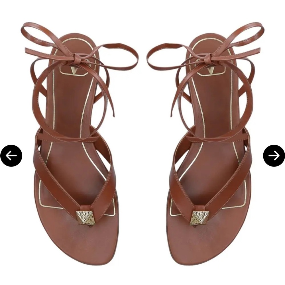 NWT VALENTINO Rockstud Leather Thong Wrap Sandals Tan Size 37